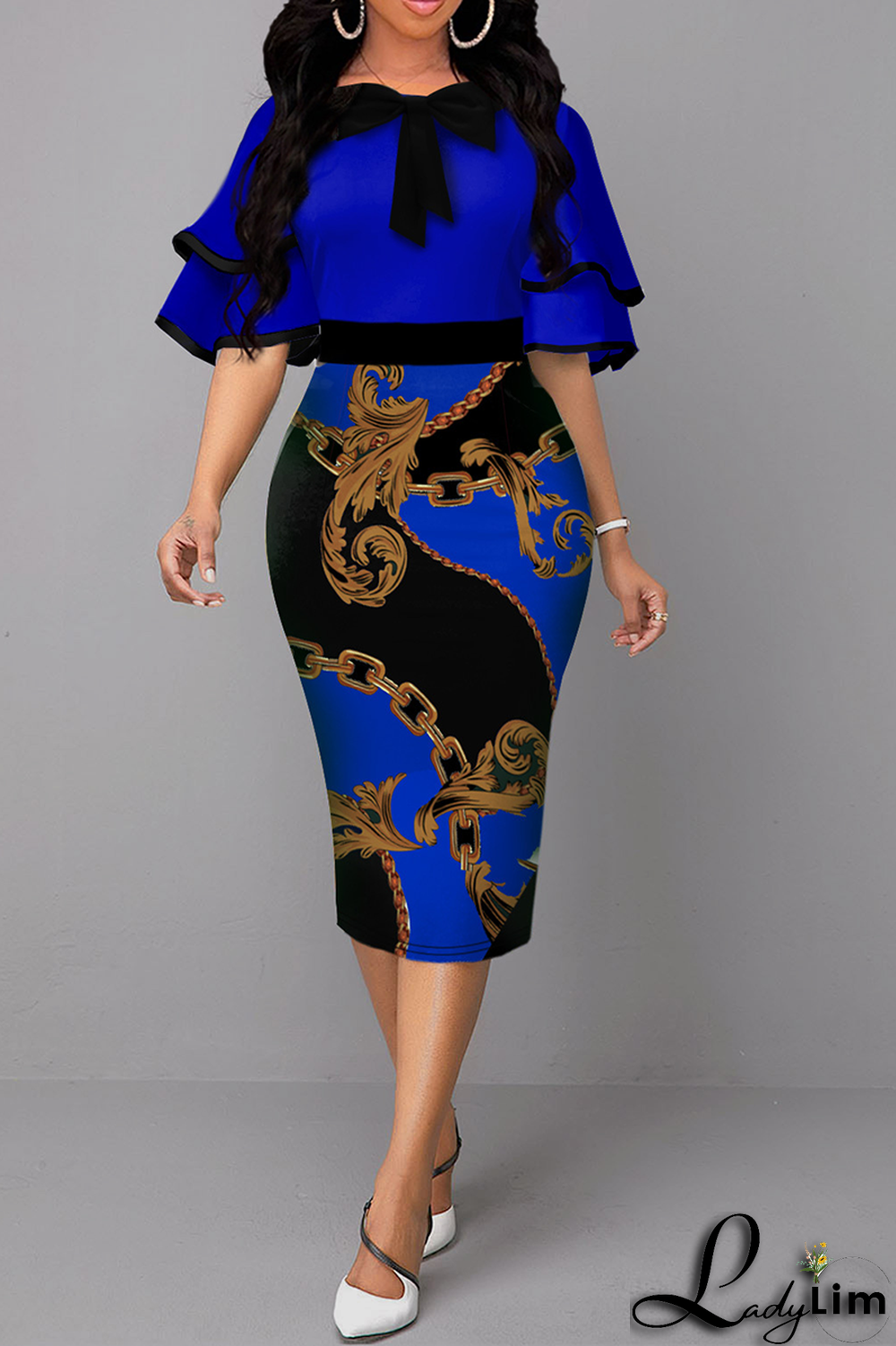 Blue Vintage Print Flounce O Neck Pencil Skirt Dresses