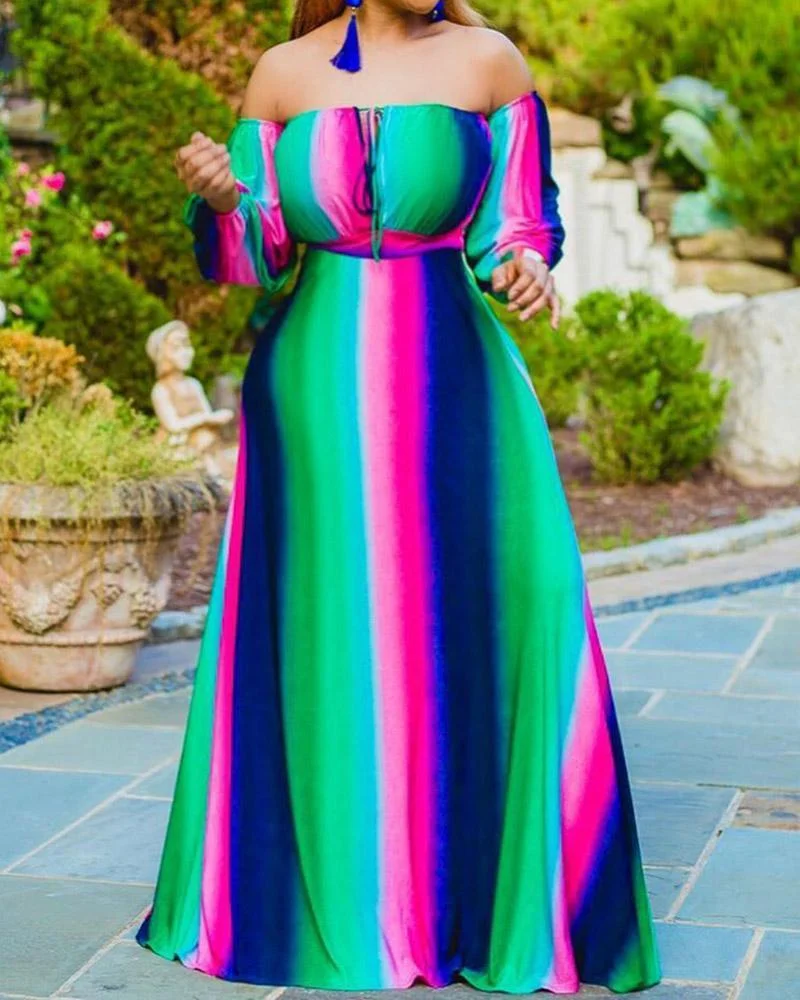 Color Stripe Print Off-shoulder Maxi Dress