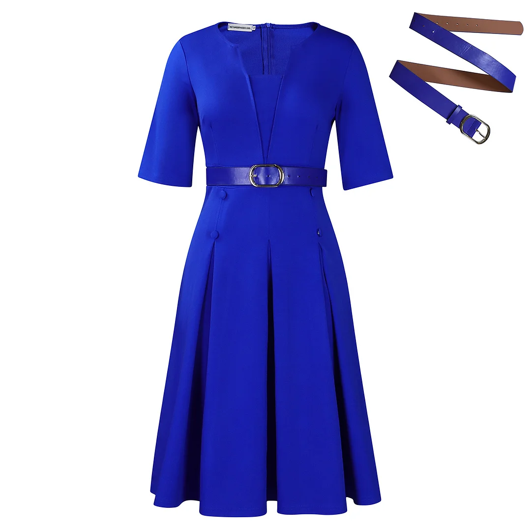 Women's V-Neck Half-Sleeve Midi Dress - Pleated A-Line Dress with Detachable Belt