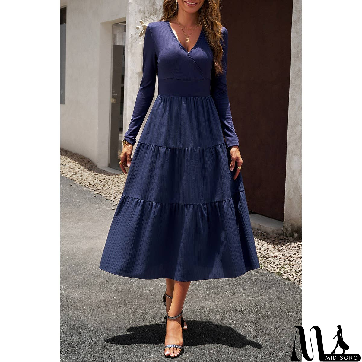 MidiSono - Elastic Waist Fit A Line Color Block Ruffle Dress