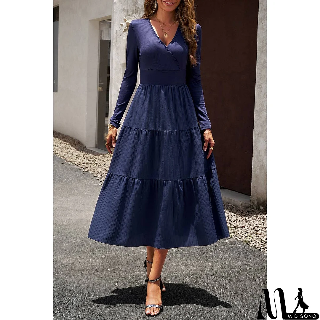 MidiSono - Elastic Waist Fit A Line Color Block Ruffle Dress