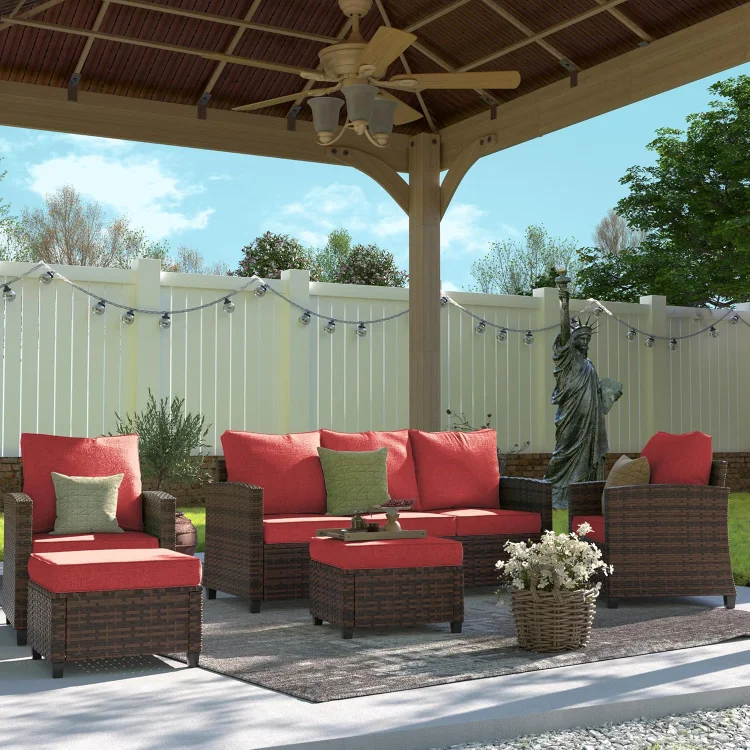 Patio Conversation Set, 5 Pieces Outdoor Furniture Set, All-Weather Wicker Rattan High Back Outdoor Sectional Sofa Set with Ottoman for Poolside, Backyard, Brown Wicker Wine Red Cushions