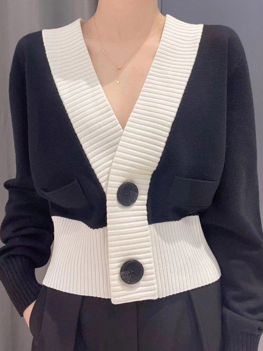 Contrast Color Waist Slimming Knitted Cardigan