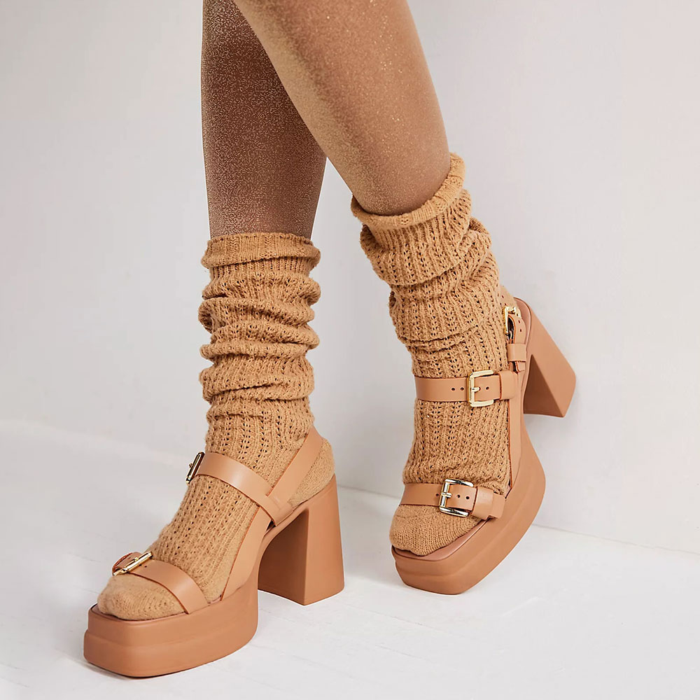 Khaki Square Toe Buckle Strap Platform Chunky High Heels Sandals Nicepairs