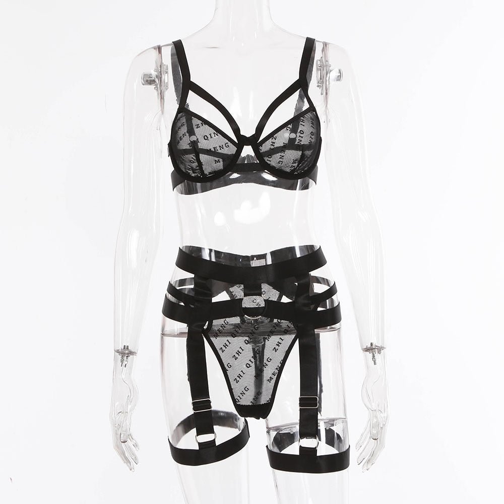MIRABELLE Goth Lingerie Sexy Lace Transparent Bra Luxury Underwear 3-Piece Bandage Garters Thongs Black Outfits Breves Sets