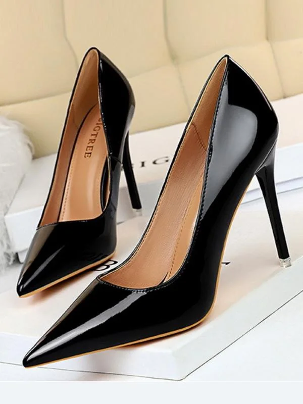 Fashion stiletto shiny patent leather shallow pointy sexy single shoes