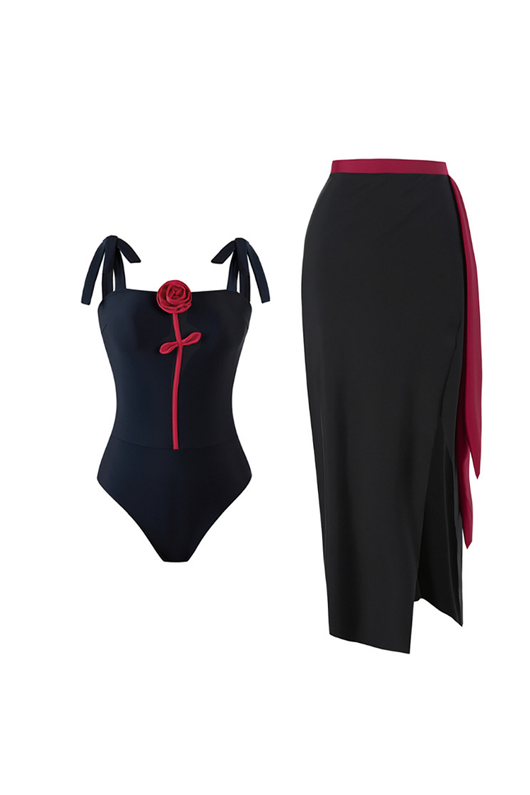 3D Flower Cami One-Piece Swimsuit Colorblock Slit Maxi Skirt 2pcs Set-Black
