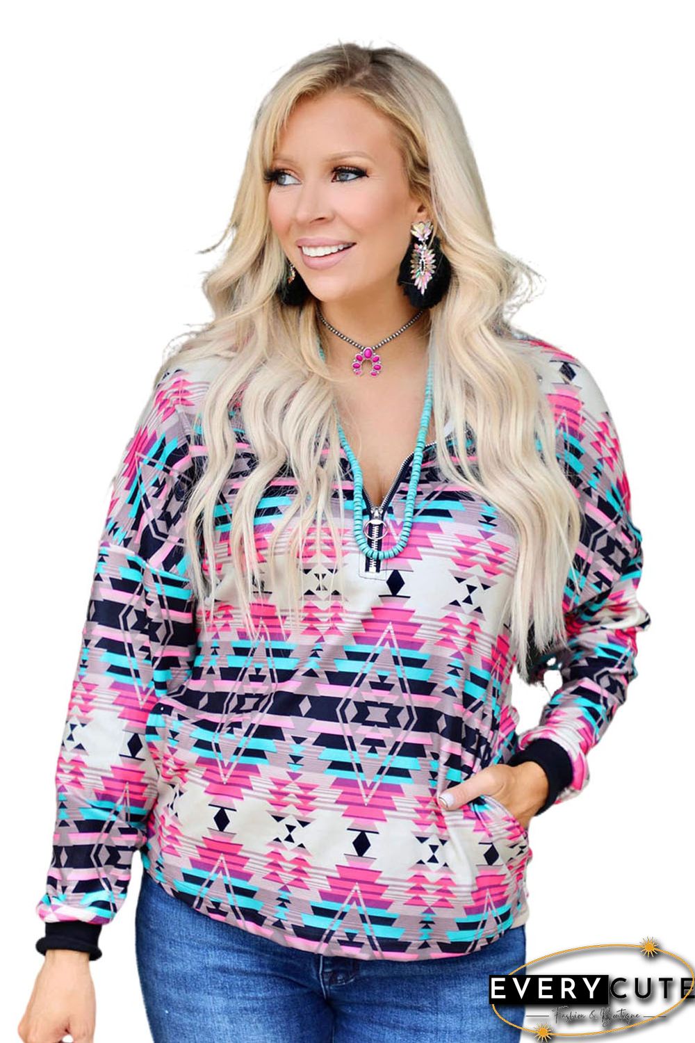 Multicolor Western Aztec Pattern Zipped Turn-down Collar Sweatshirt