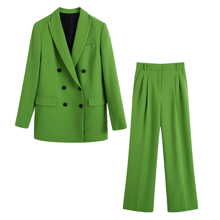 Flaxmaker Retro Lapel Long Sleeve Double Breasted Green Blazer Two Piece Set
