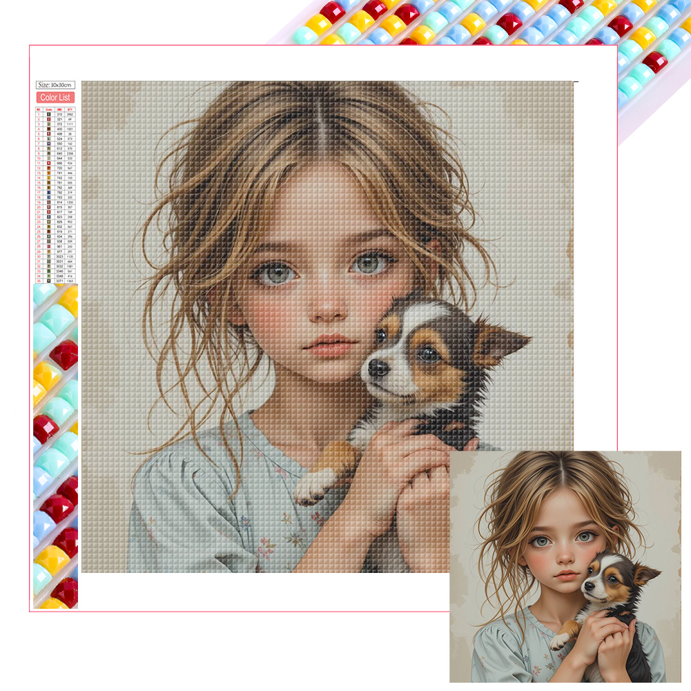 Little Girl Holding Cat And Dog 40*40cm(picture) full square drill diamond painting