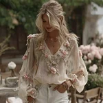 Women's Pink Rose Embroidered Linen Blend V-neck T-shirt - Image 2