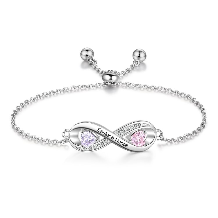 Personalized Infinity Bracelet Engraved with 2 Birthstone and 2 Name
