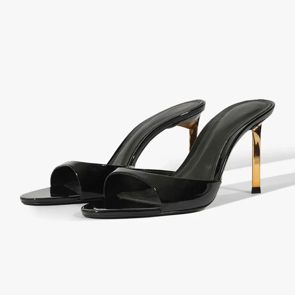 Black Patent Leather Open Round Toe Comfortable High Heel Mules