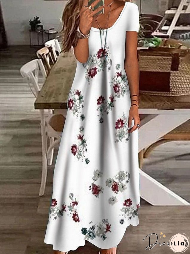 Womens Dress Casual Shift Long Maxi White Blue Green Short Sleeve Floral Print Spring