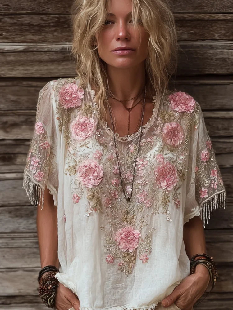 Women's Pink Rose Sequin Round-neck Short-sleeved Shirt