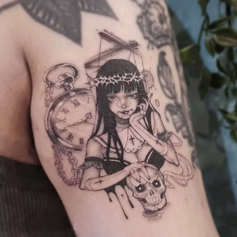 Dark Puppet Witch Waterproof Temporary Tattoo Stickers Female Skull Shackles Horror Art Fake Tattoos Flower Arm Tattoo Stickers