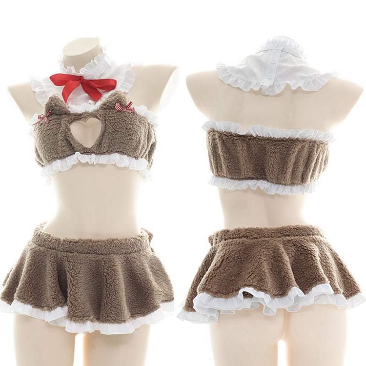 Love Heart Hollow Cat Ears Plush Lingerie Set - Modakawa modakawa