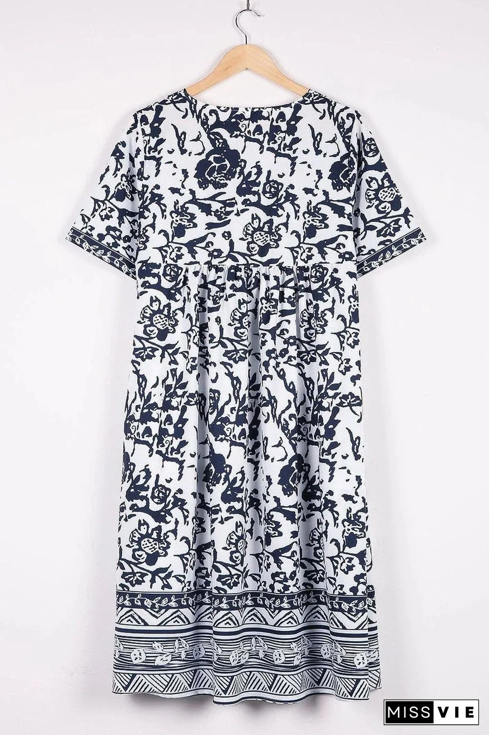 Vintage Printed Midi V-Neck Dress