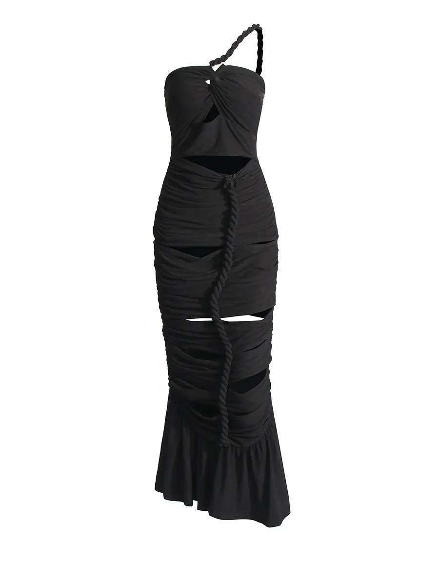 Brownm Spring 2025 New One-Shoulder Hollow Design Folds Slimming Bandages Dress Dress