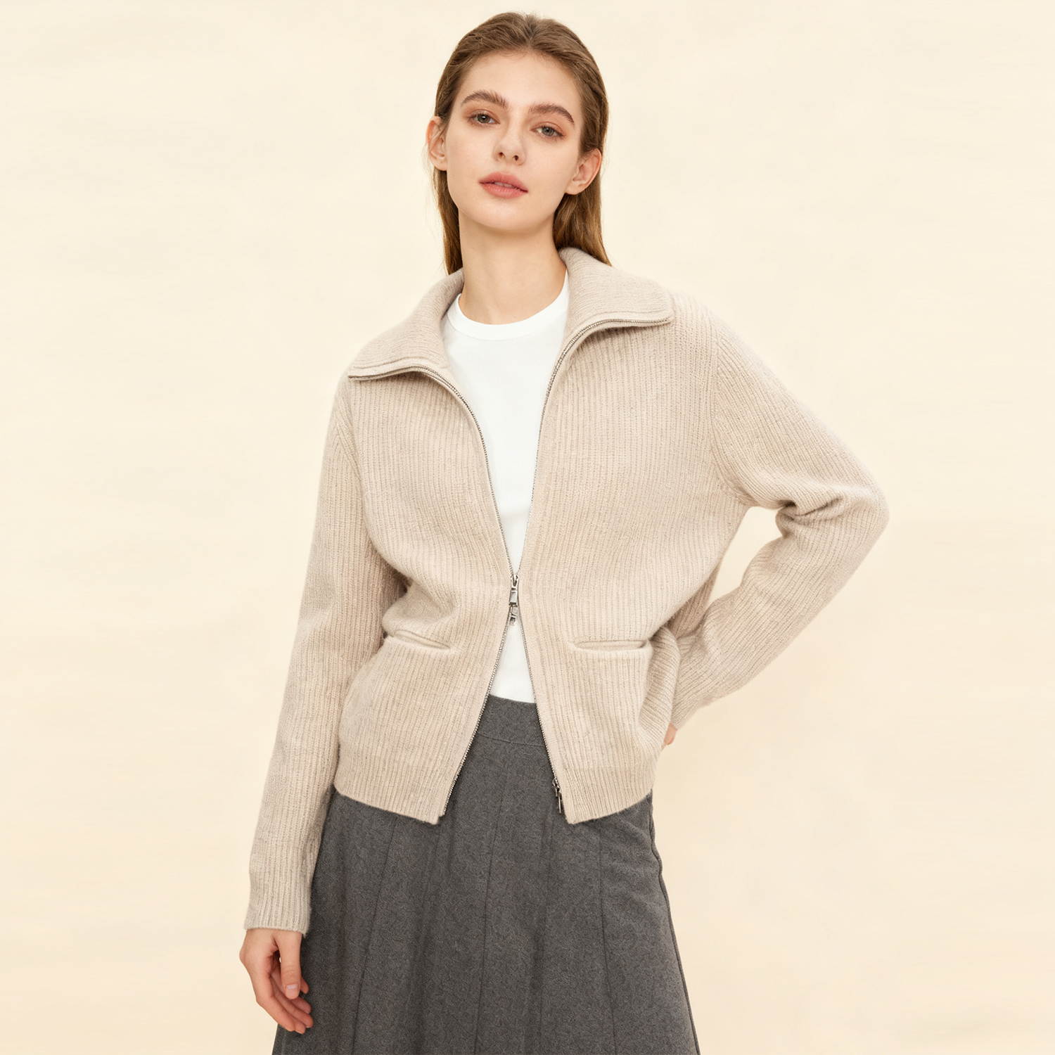 Women's Zipper Lapel Cashmere Jacket REAL SILK LIFE