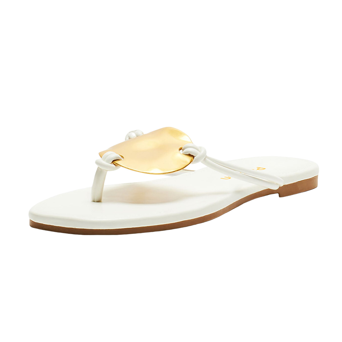White Square Toe Flat Flip Flop Slip On Sandals with Gold Decor Nicepairs