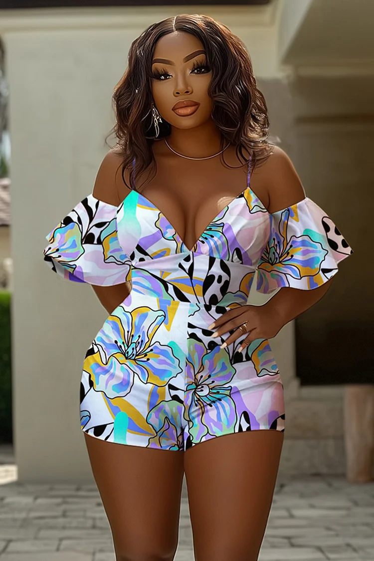 Cold Shoulder V Neck Floral Print Slim-Fit Romper Playsuit-White [Pre Order]