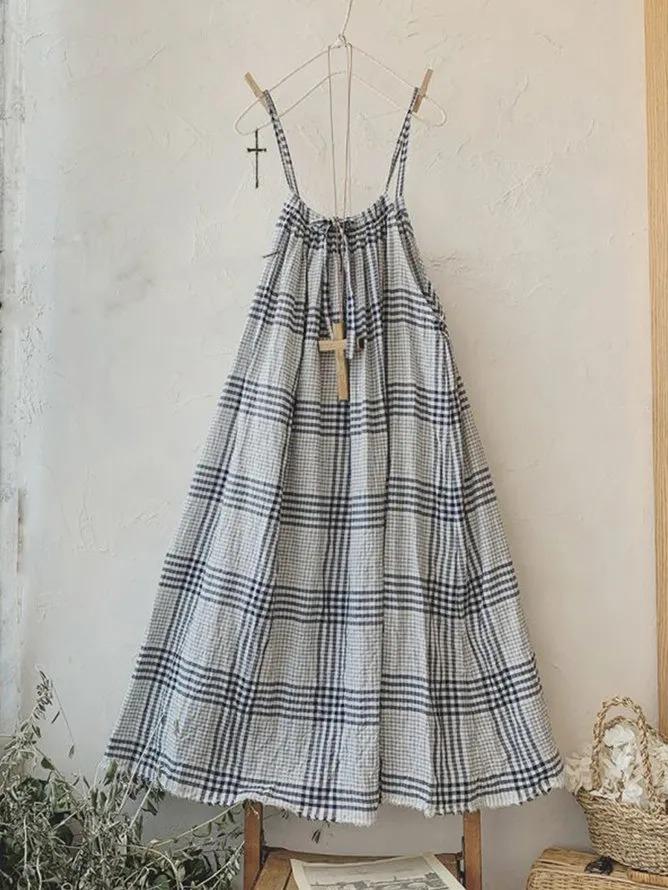 Gray Spaghetti-Strap Checkered/plaid Dresses