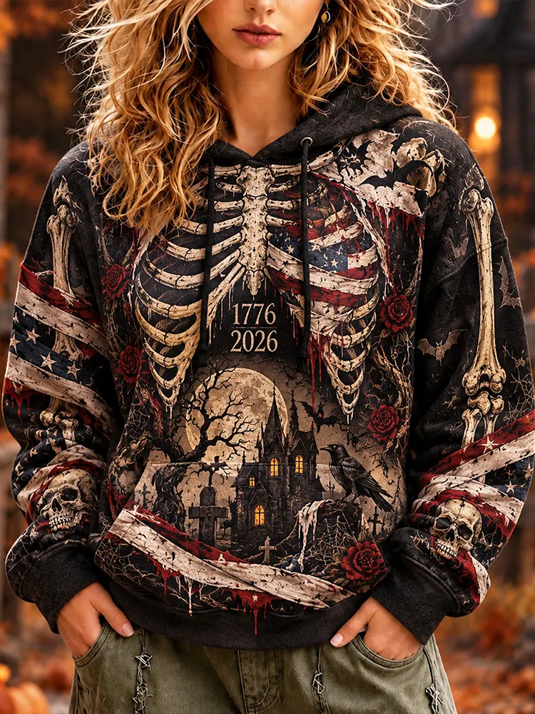 Comstylish Retro Gothic Halloween Skull American Flag Raven Castle Rose Hooded Sweatshirt