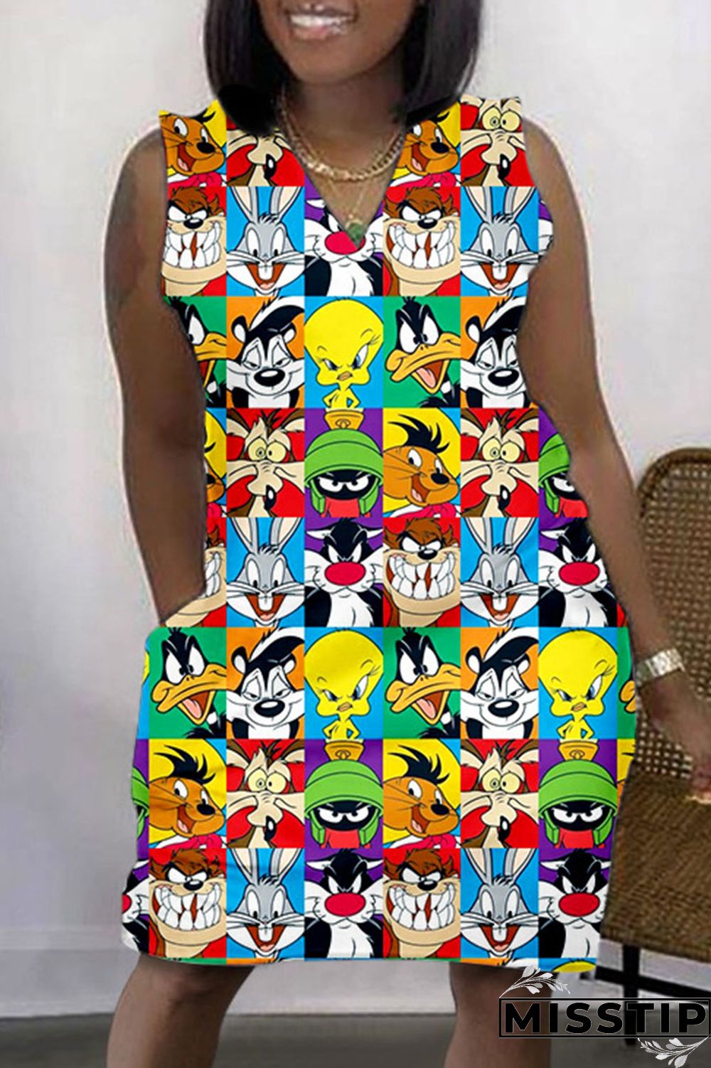 Black Apricot Casual Print Basic V Neck Sleeveless Dress Dresses