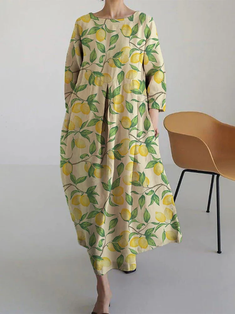 Women's Casual Lemon Tree Print Long Sleeve Midi Dress