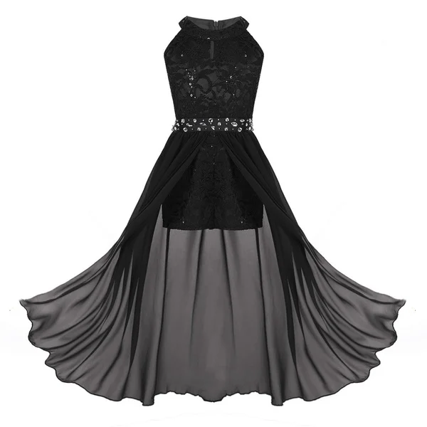Girls' Elegant Lace Cocktail Dresses Sleeveless Party Long Prom Dress with Chiffon Skirt Dance Romper Dress