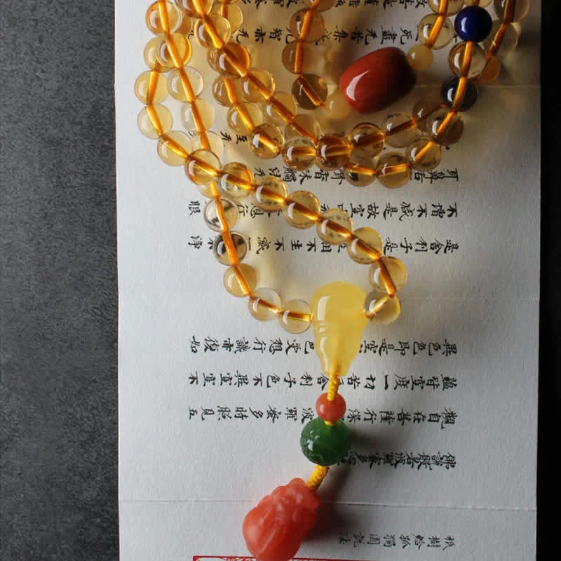 Natural Citrine Amber 108 Mala Beads Peace Buckle Red Agate PiXiu Protection Charm Bracelet