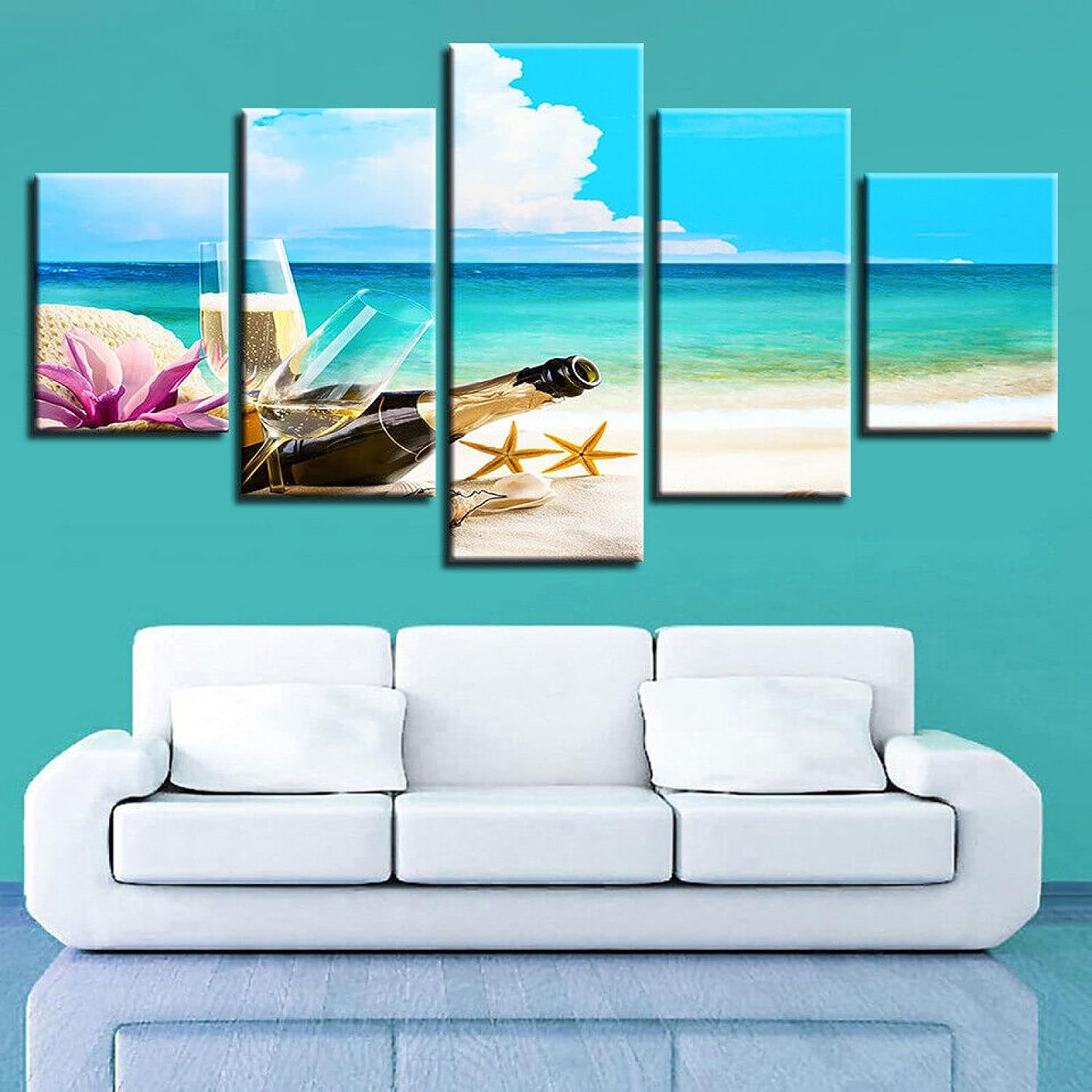 GUOGUAN Canvas Wall Art 5 Panels Seascape Blue Sea Wave Beach Champagne Large 5 Piece Canvas Wall Art Prints On Canvas Artwork Framed Modern Home Decor for Living Room Dining Room Bedroom