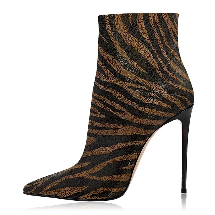Brown Zebra Print Pointed Toe Side-Zip Stiletto Heel Ankle Boots |FSJ Shoes
