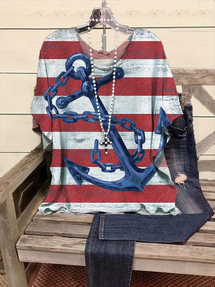Women's Anchor Print Half-sleeve Round Neck T-shirt
