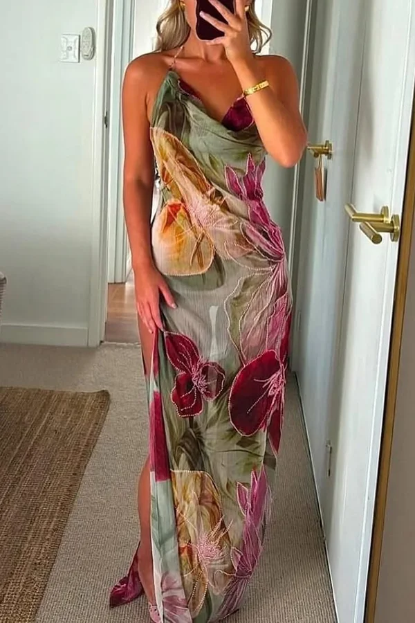 Floral Print Sexy Backless Slit See-Through Holiday Maxi Dress