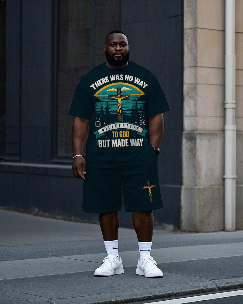 Big Men's Fashion Letter Cartoon Jesus and Cross Printed Casual Short Sleeve T-shirt Shorts Set