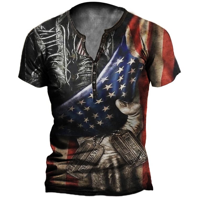 Men's Outdoor American Flag Print Short Sleeve Henley T-Shirt