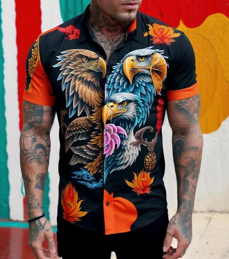 Men's Casual Wing Printed Short Sleeve Shirt at Hiphopee