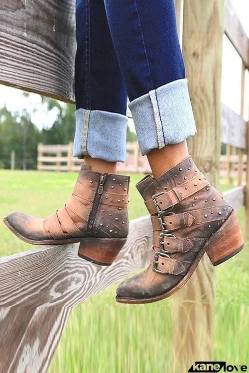 Buckle Zipper Chunky Heel Ankle Boots