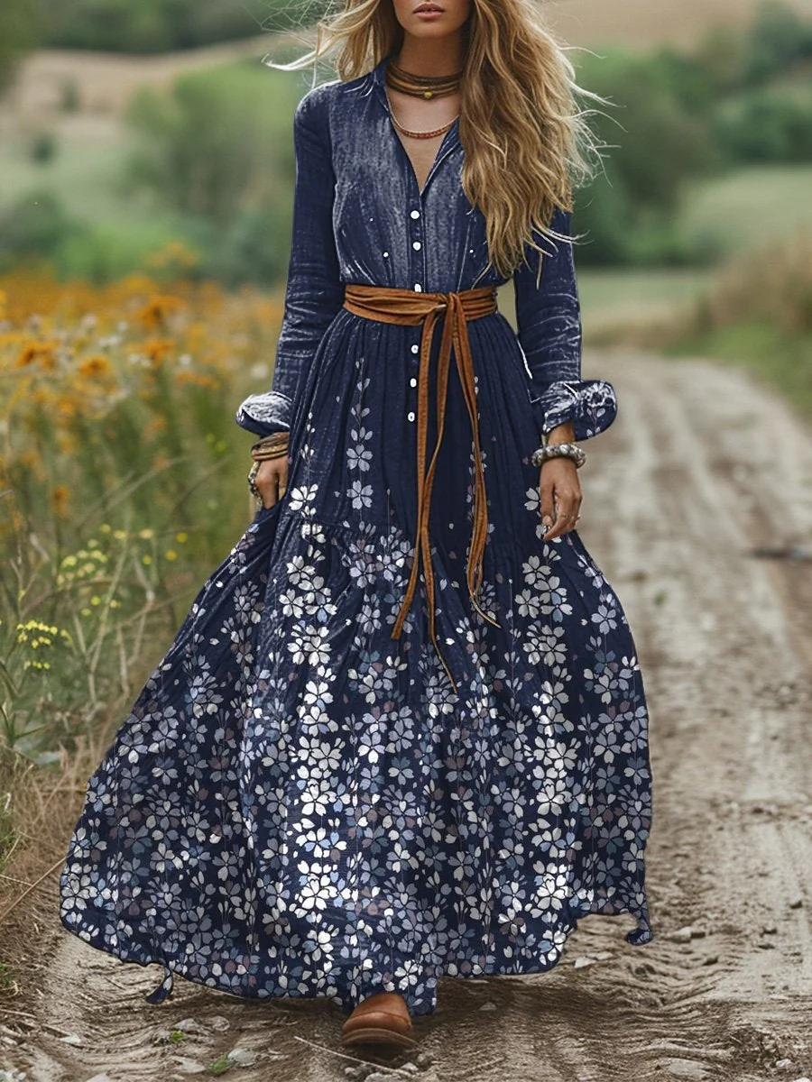 Women's Vintage Floral Art Patterns Print Pocket Cotton Maxi Dress