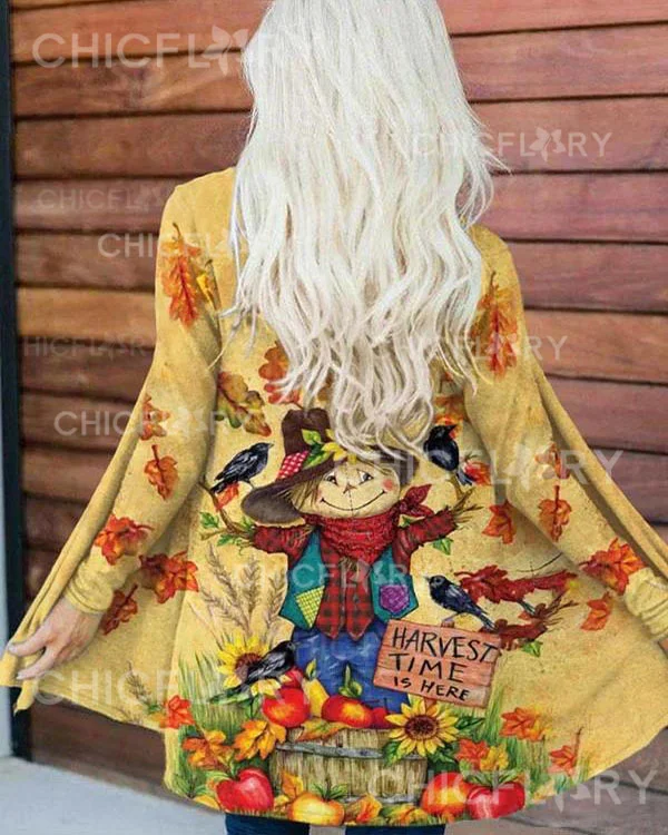 Fall Country Scarecrow Pumpkins Crows Fallen Leaves Print Cardigan