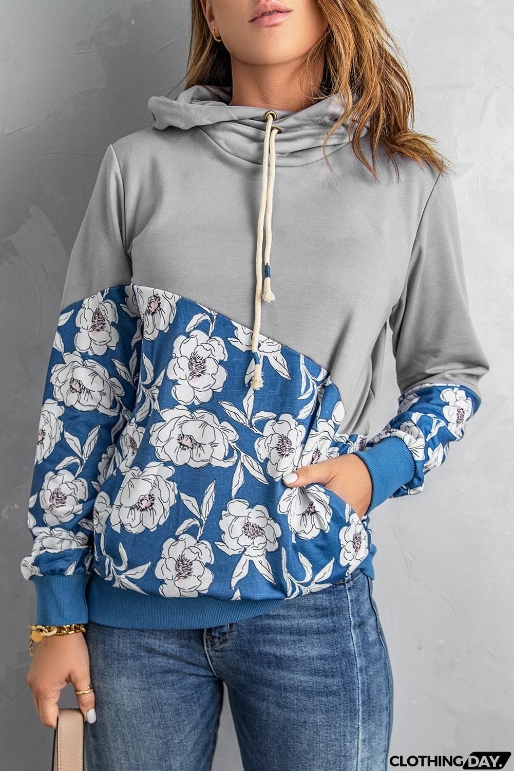 Women's Gray Floral Splicing Cowl Neck Hoodie
