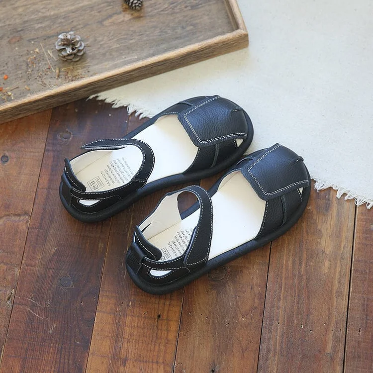 Summer Retro Leather Velcro Tape Flat Sandals