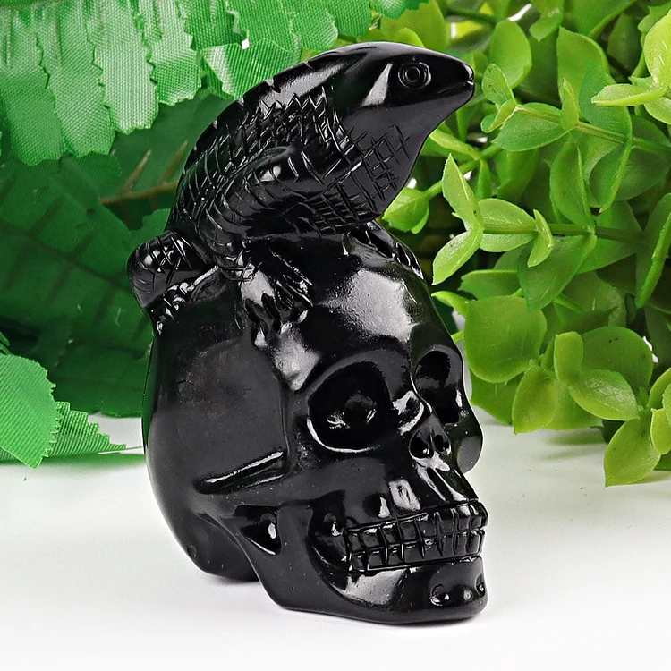 2.8" Black Obsidian Skull with Lizard Decoration Carvings