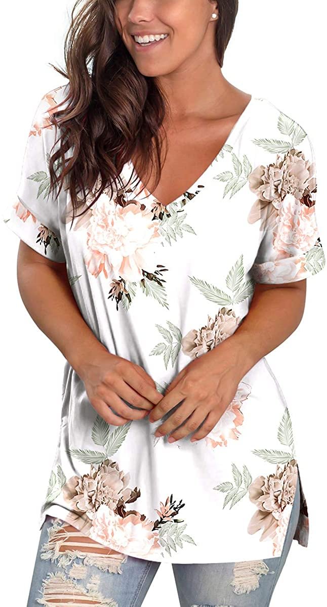 SAMPEEL Womens Summer Tops Floral Short Sleeve V Neck T Shirts Tee Printed Side Split Tunic
