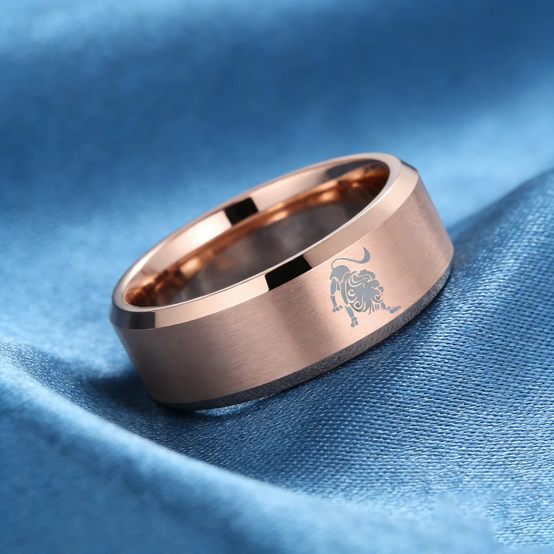 Rose Gold Leo Tungsten Carbide Rings Beveled Edges Rose Gold Laser Etched Couple Wedding Bands 4MM 6MM 8MM