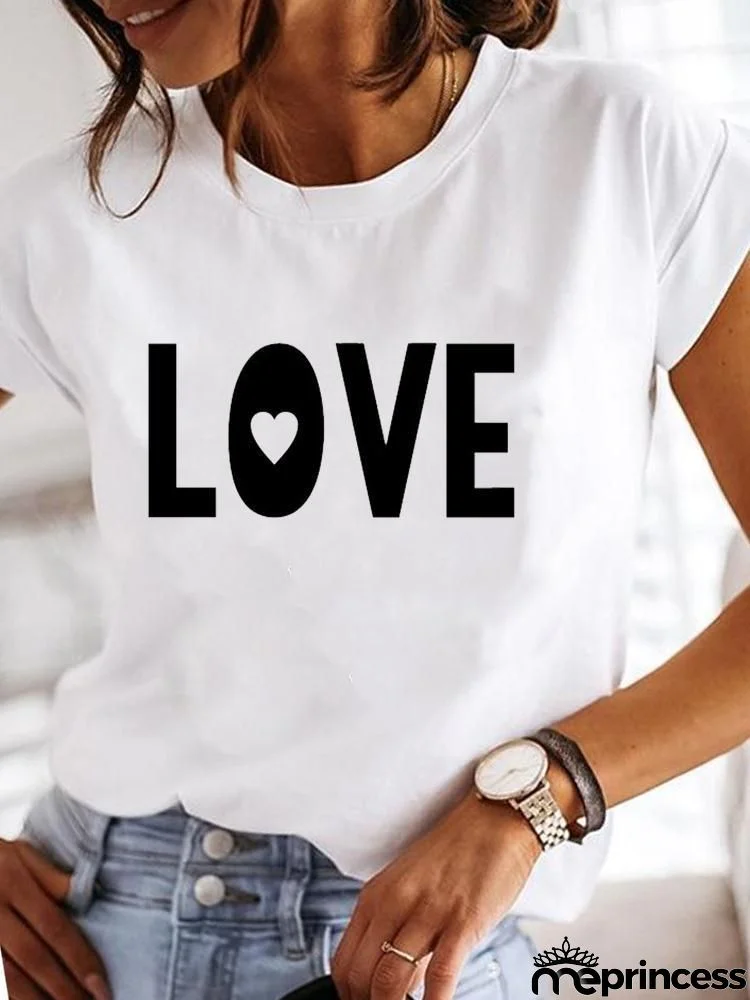 Women Fashion Base Letter Sunflower Cross Print Round Neck Short Sleeve T-Shirt