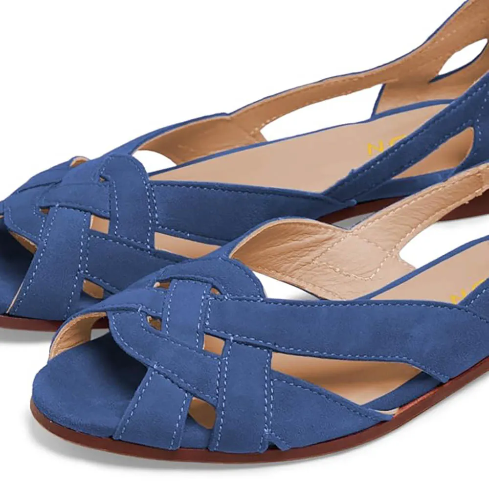 YDN Blue Vegan Suede Peep Toe Cut-Out Flat Sandals for Women