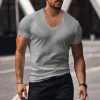 Mens Solid Color Classic V-neck Basic Tee by Inlyline